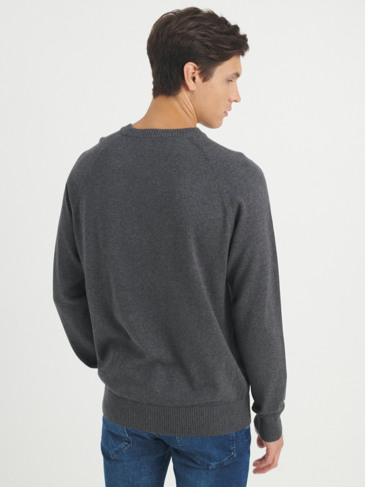 Plain sweater round neck dark grey middle back view