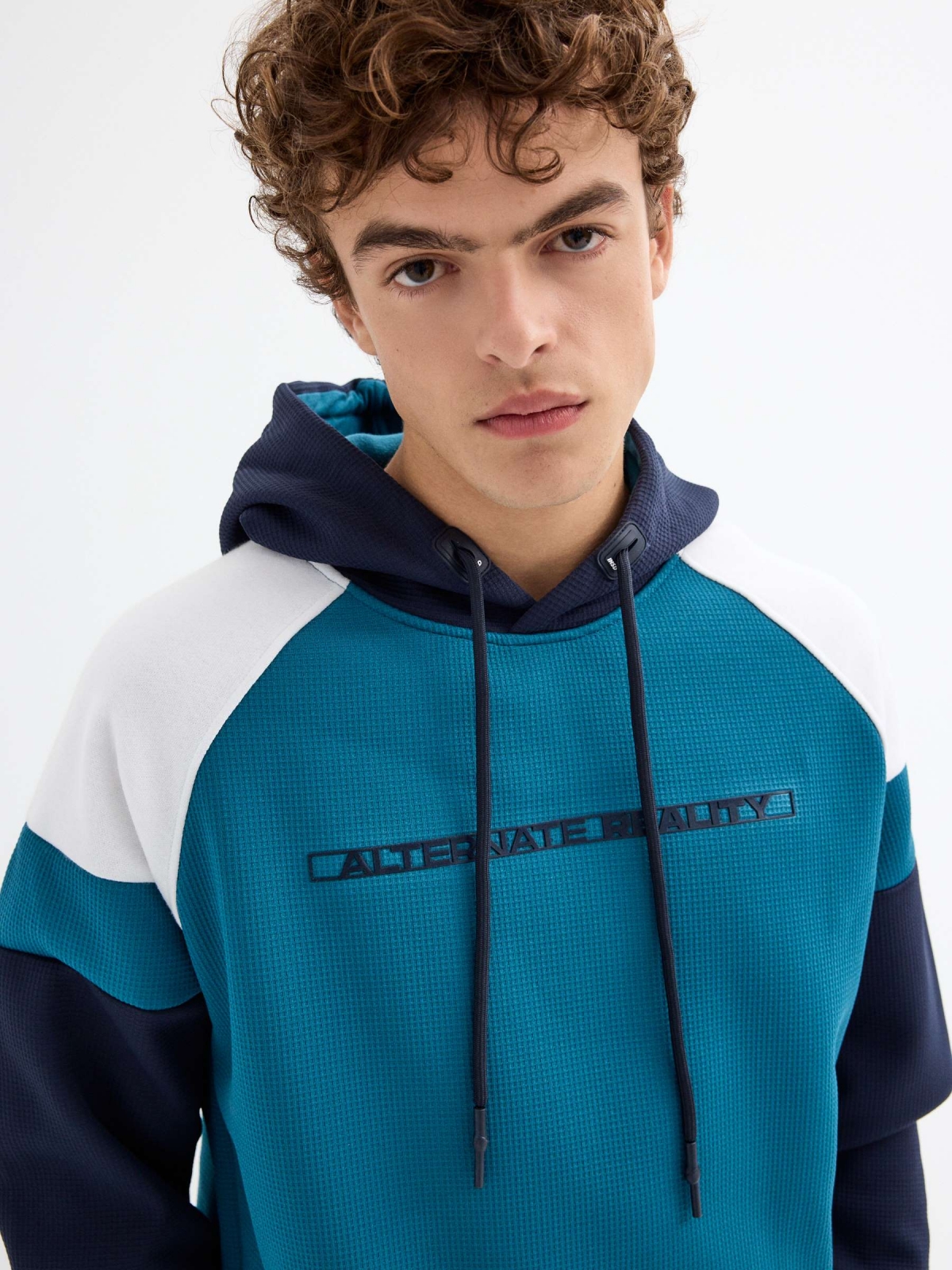  Color block text hoodie blue