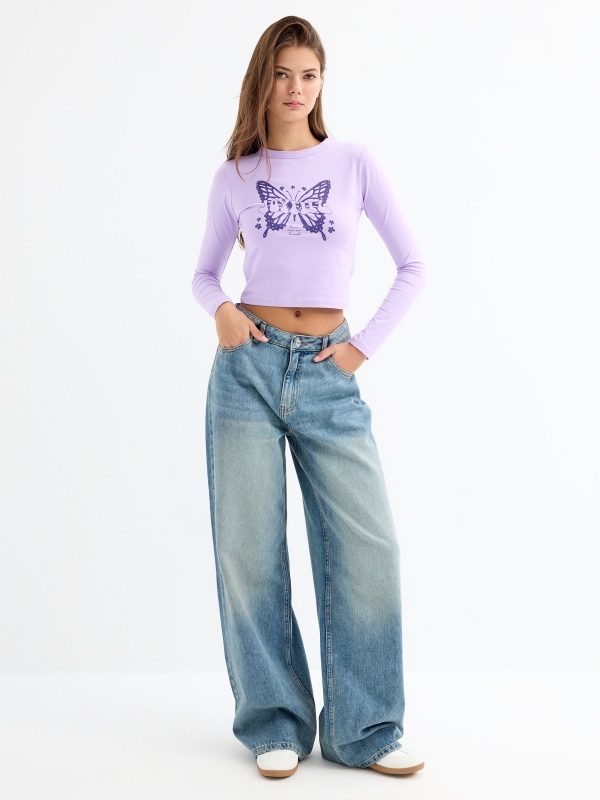 Purple crop print t-shirt mauve front view