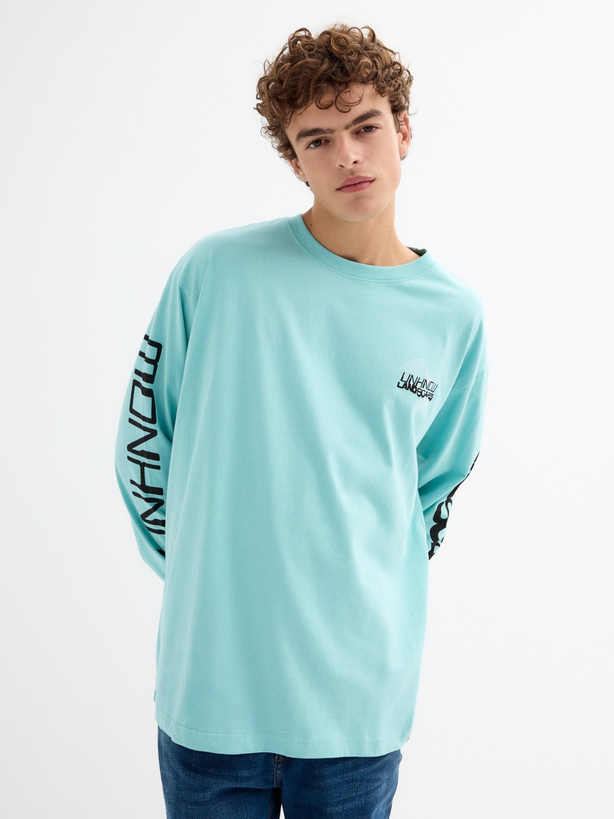 Cyber print t-shirt on sleeves light blue middle front view