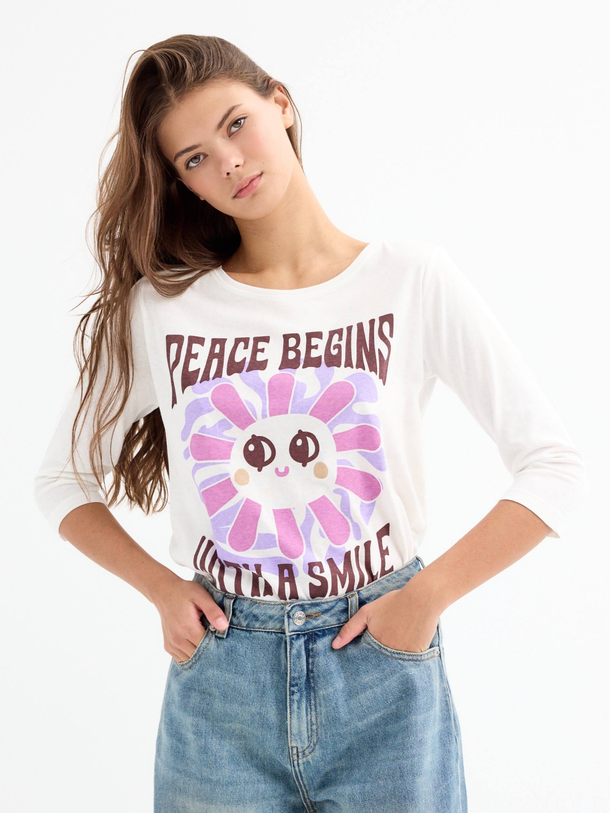 Camiseta Peace Begins blanco roto vista media frontal