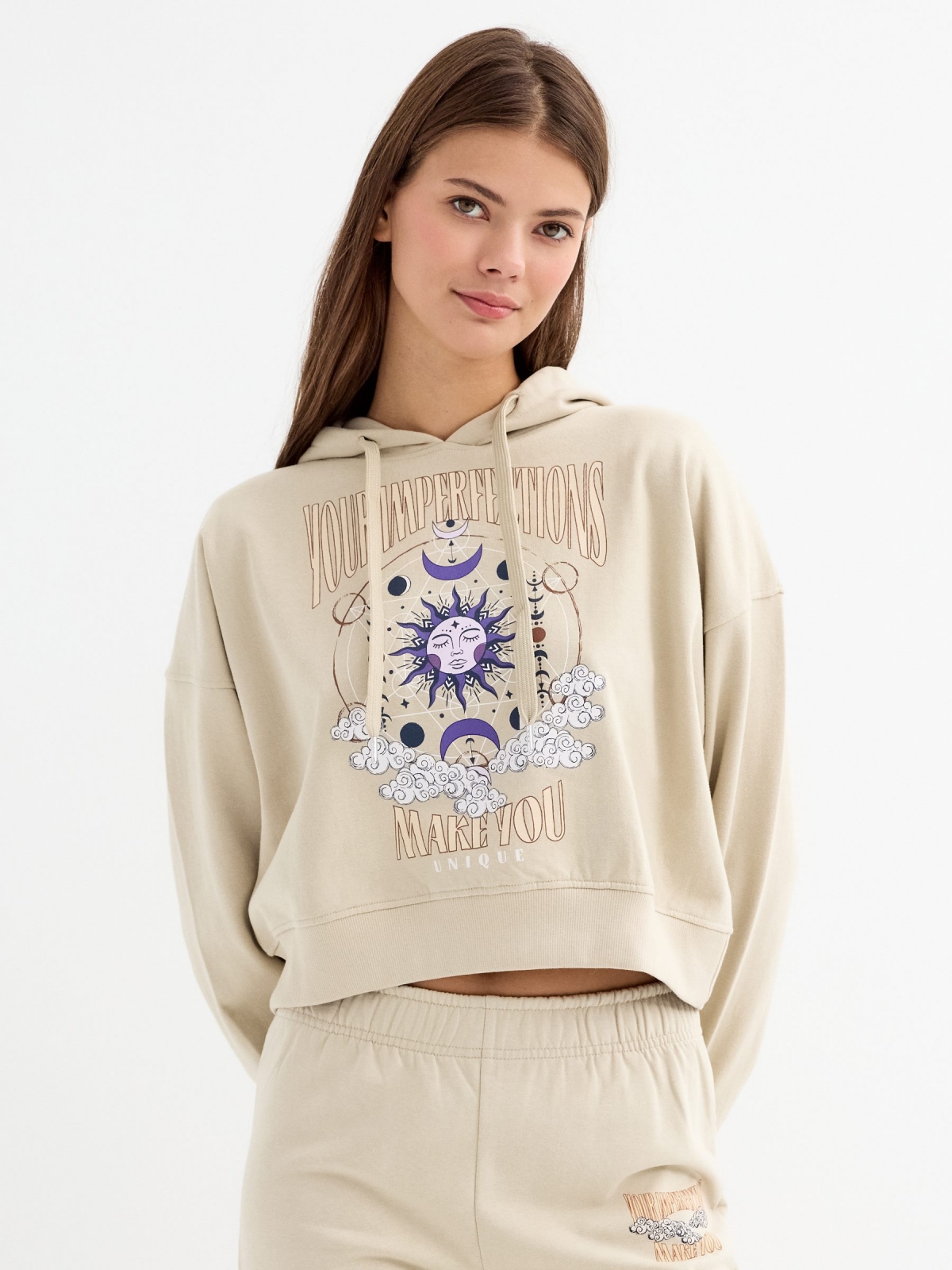 Graphic crop print sweatshirt taupe middle front view