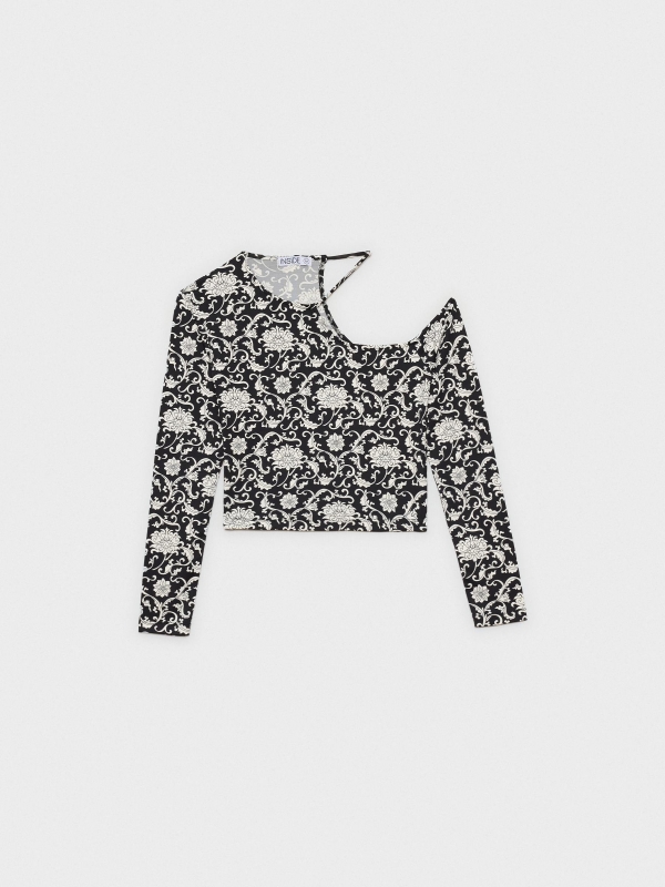 Asymmetrical print crop top black detail view