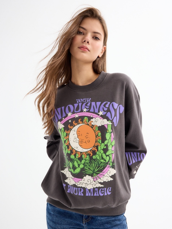 Sweatshirt oversized Uniqueness cinza escuro vista meia frontal