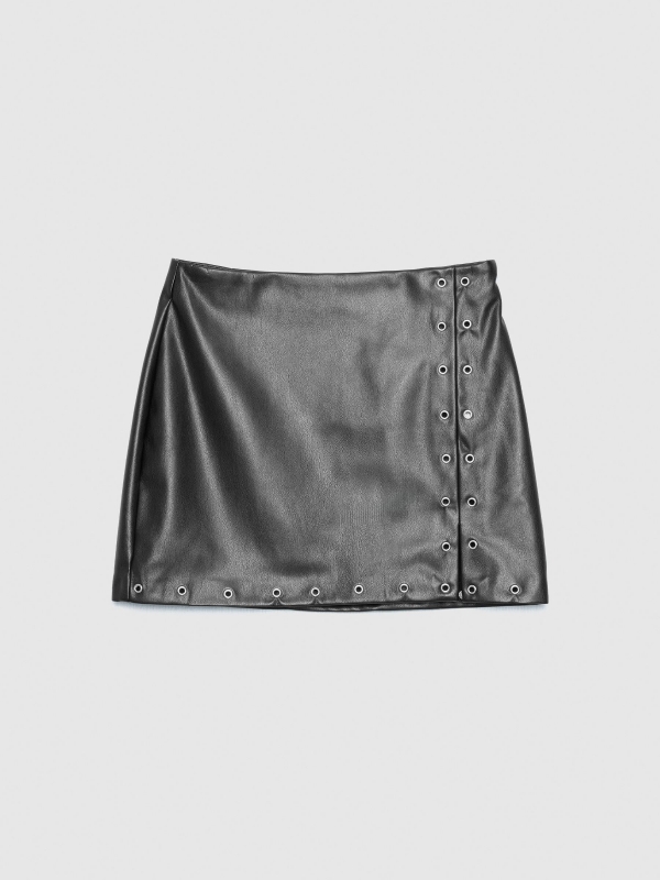 Black mini skirt with studded leather effect black detail view