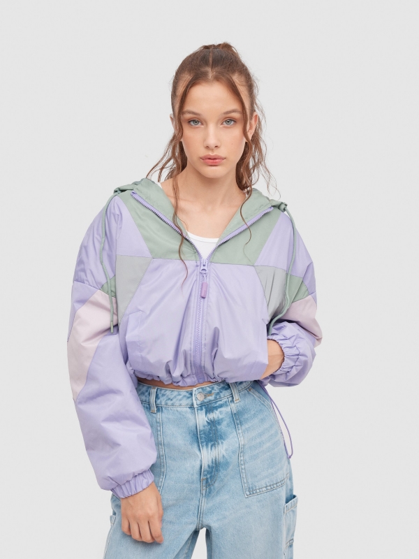 Nylon jacket color block purple mauve middle front view