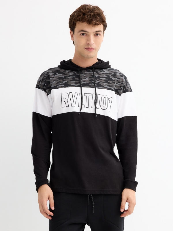 Camouflage hooded t-shirt black middle front view