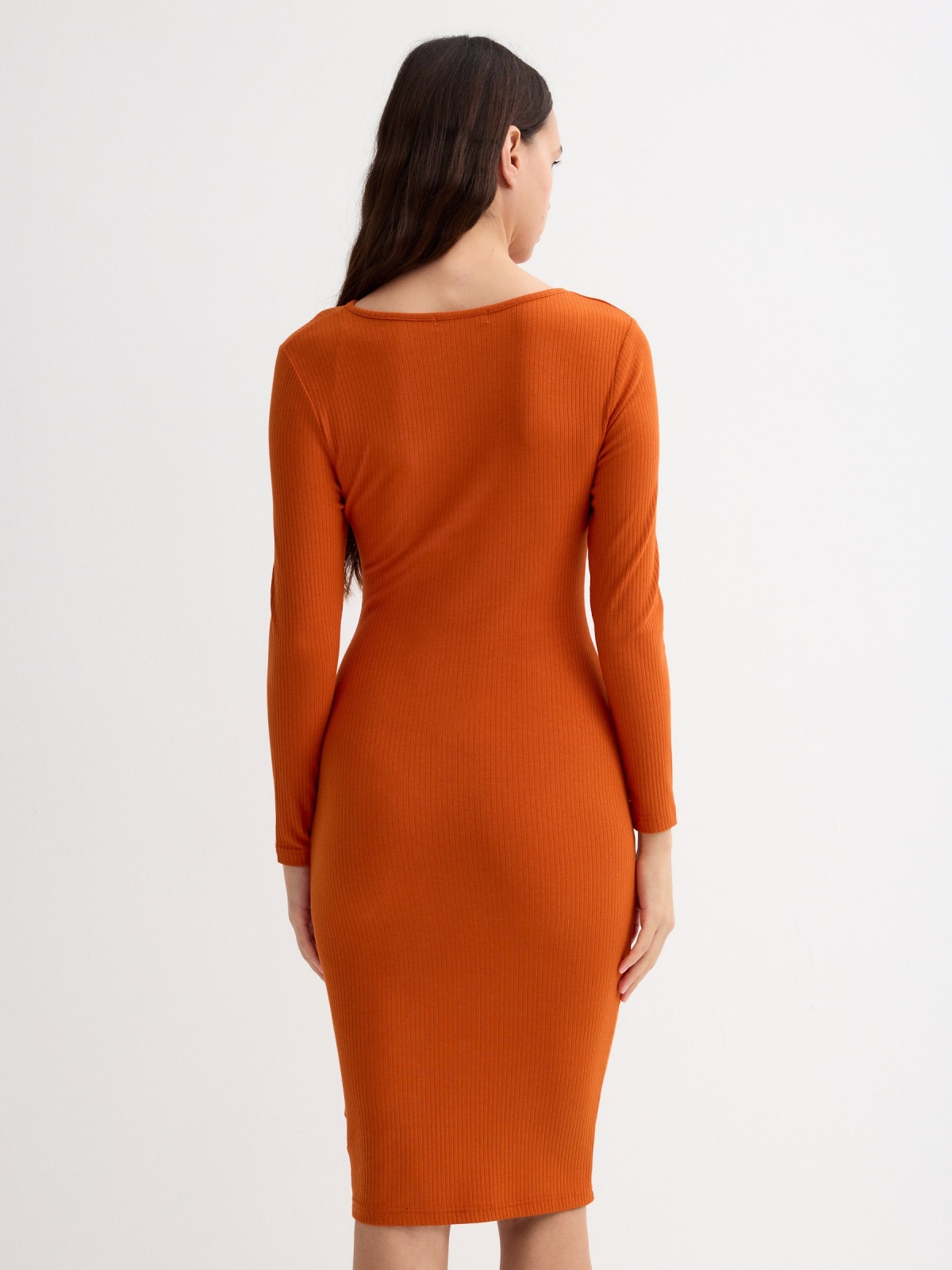 Midi dress with knot neckline orange three-quarter back view