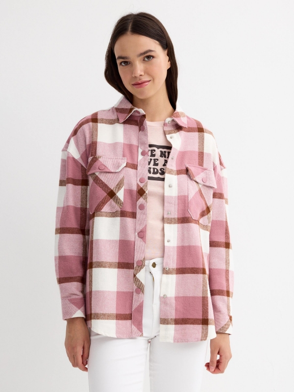 Pink checkered flannel shirt pink middle front view