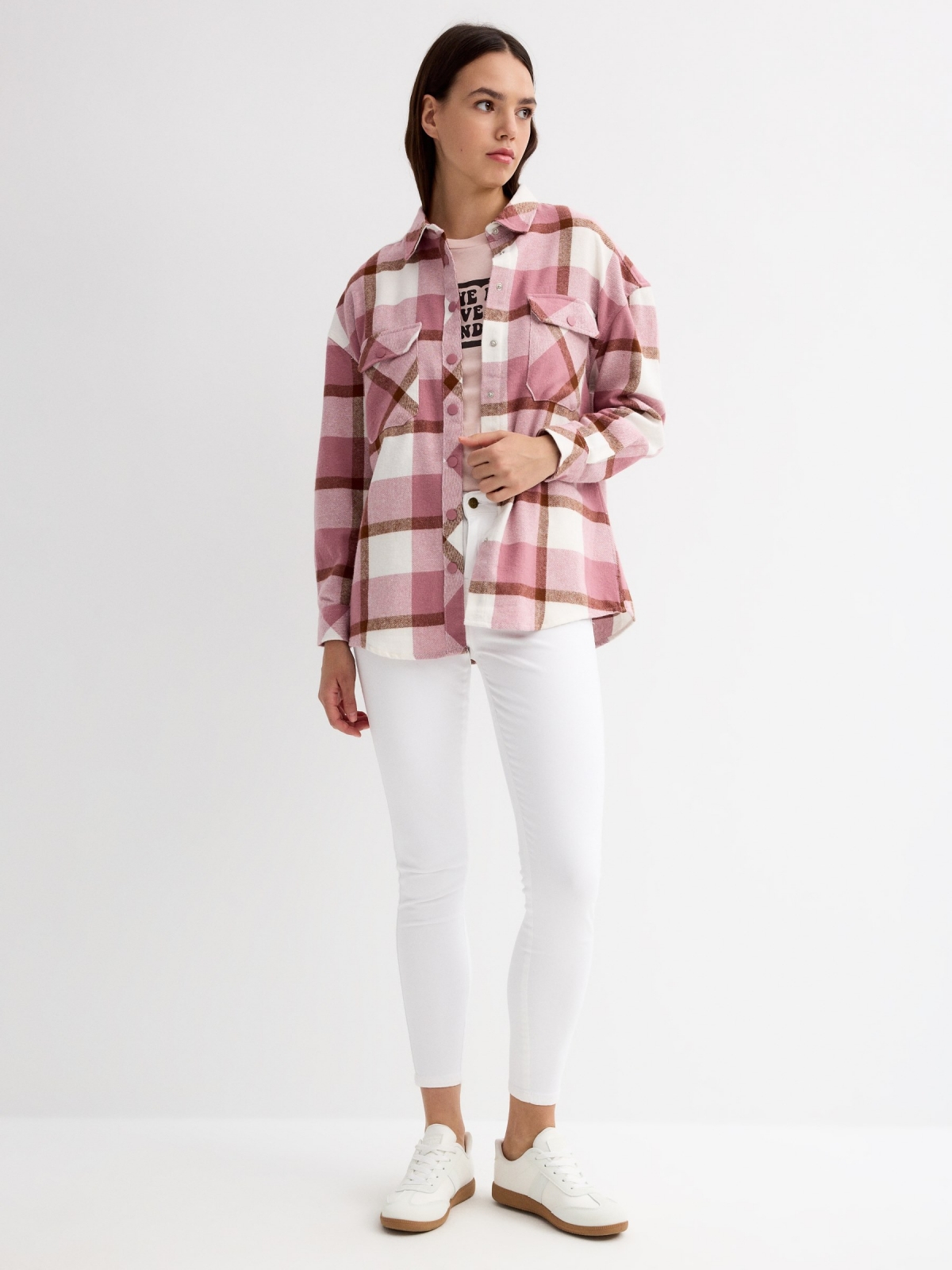 Pink checkered flannel shirt pink general front view