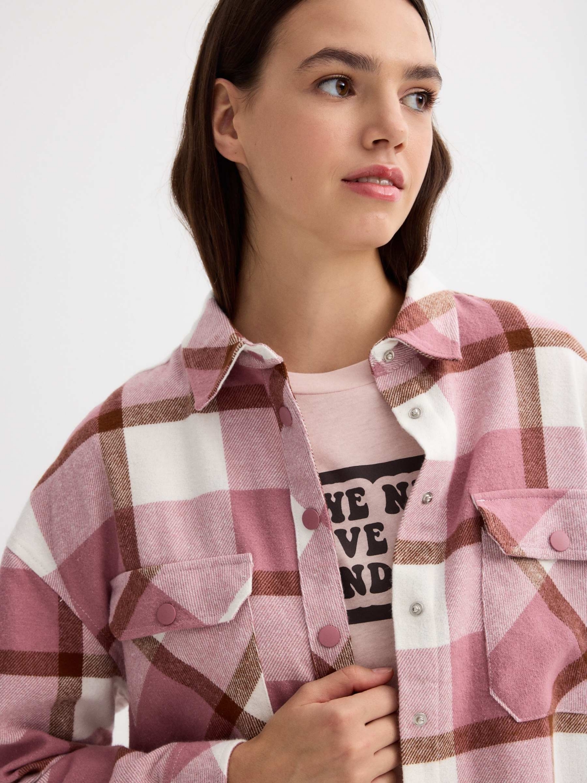 Pink checkered flannel shirt pink detail view