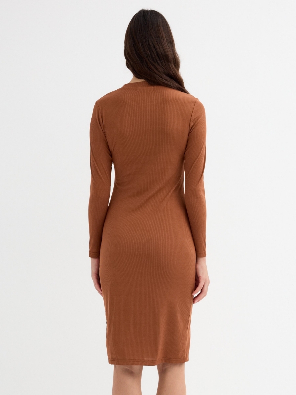 Ribbed midi dress with slit brown three-quarter back view