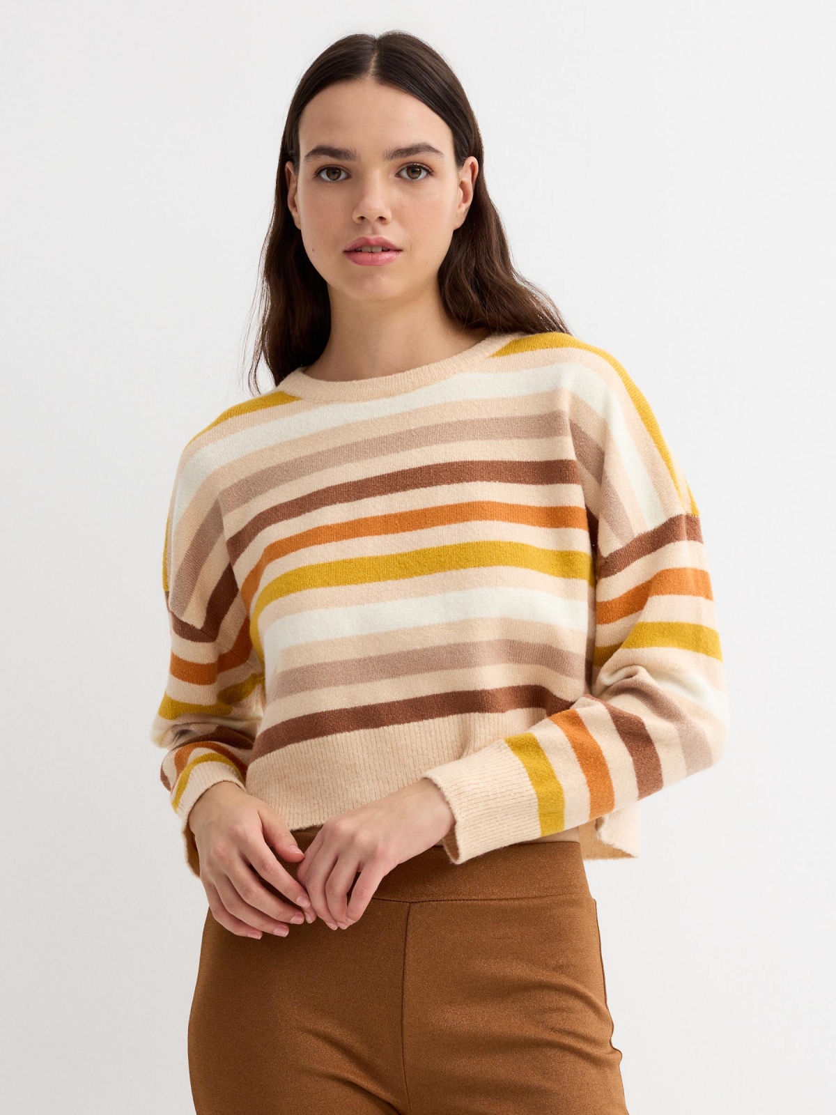 Knitted sweater perkins collar stripes multicolor middle front view