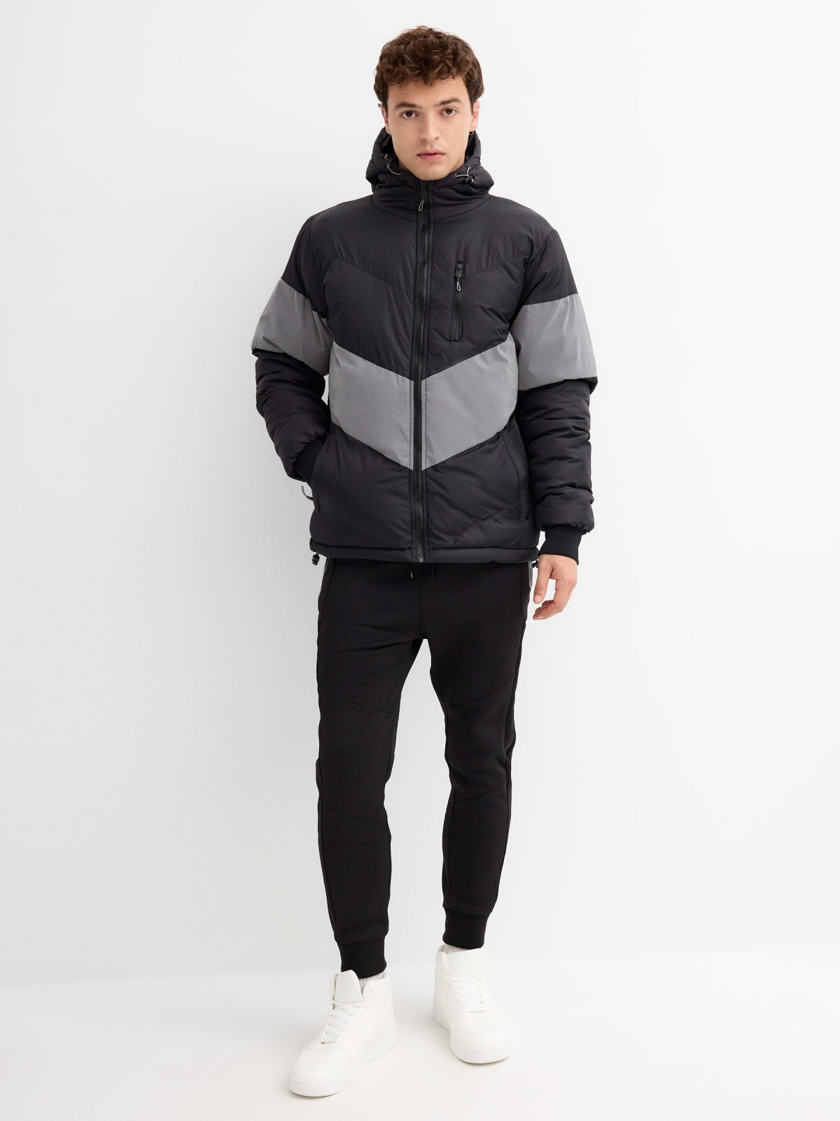 Quilted jacket with hood black general front view