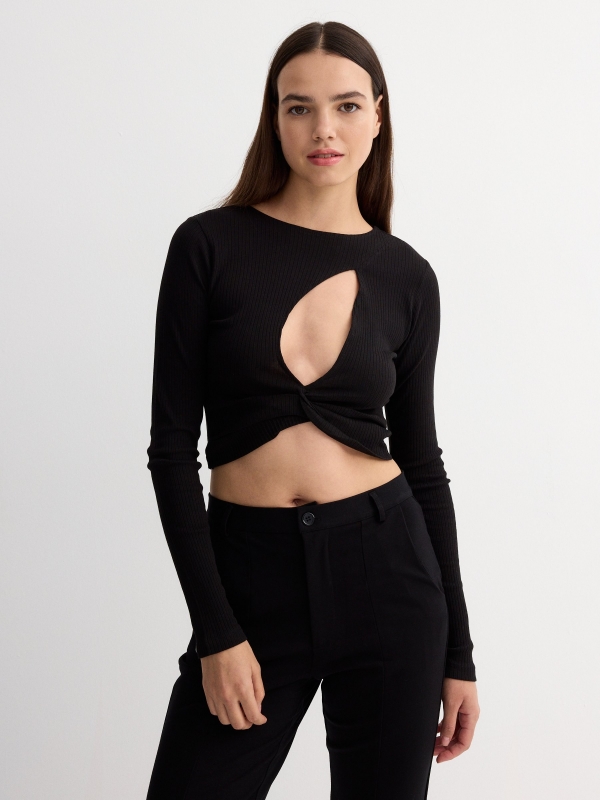 Rib cut out t-shirt black middle front view