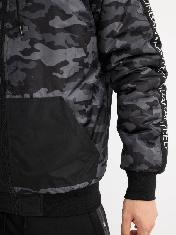 Camouflage print hooded jacket black detail view