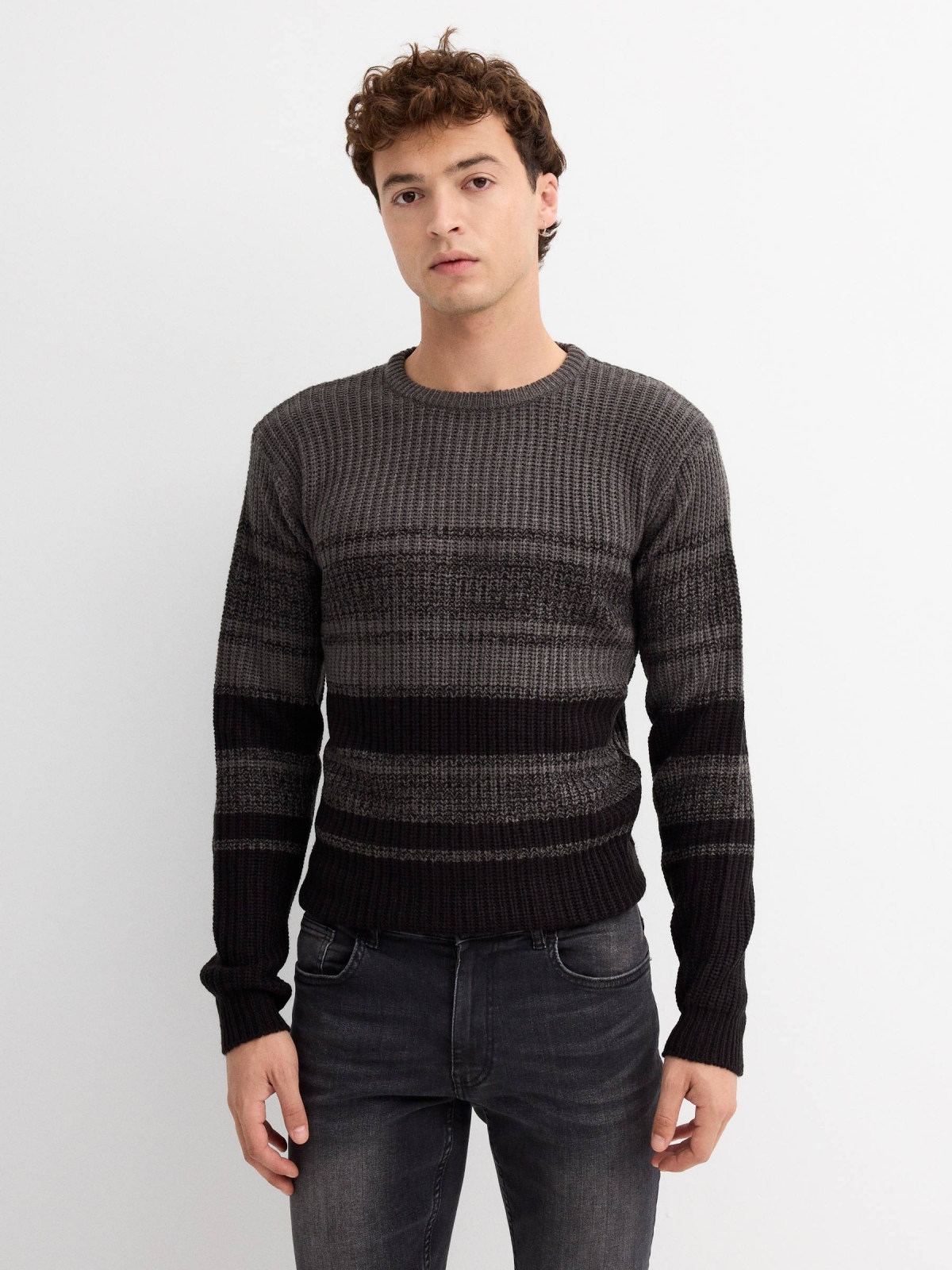 Contrast striped jumper melange grey middle front view