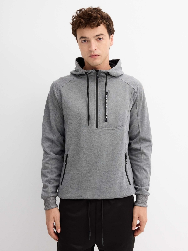 Semiclosed sweatshirt with hood grey middle front view