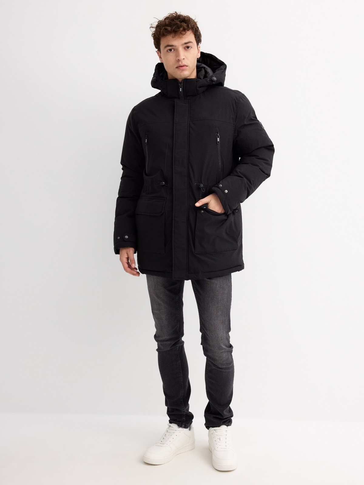 Hooded parka black general front view