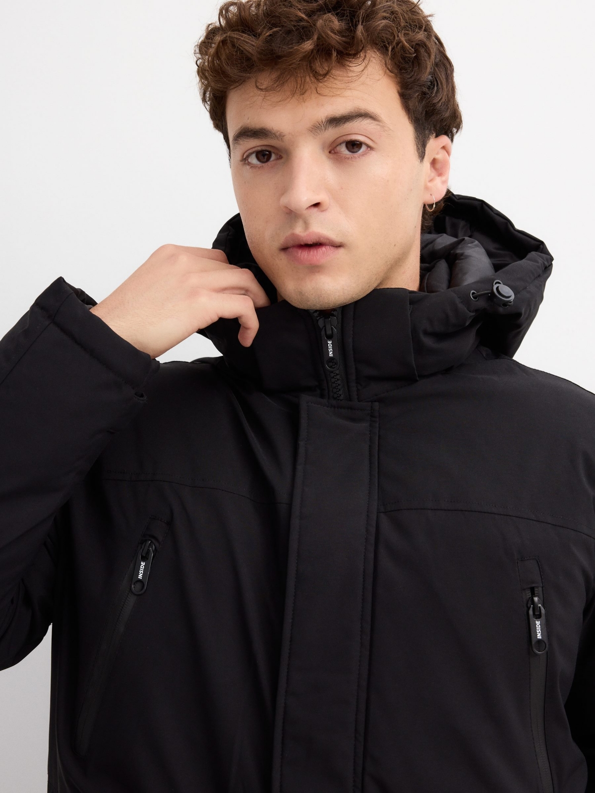 Hooded parka black detail view