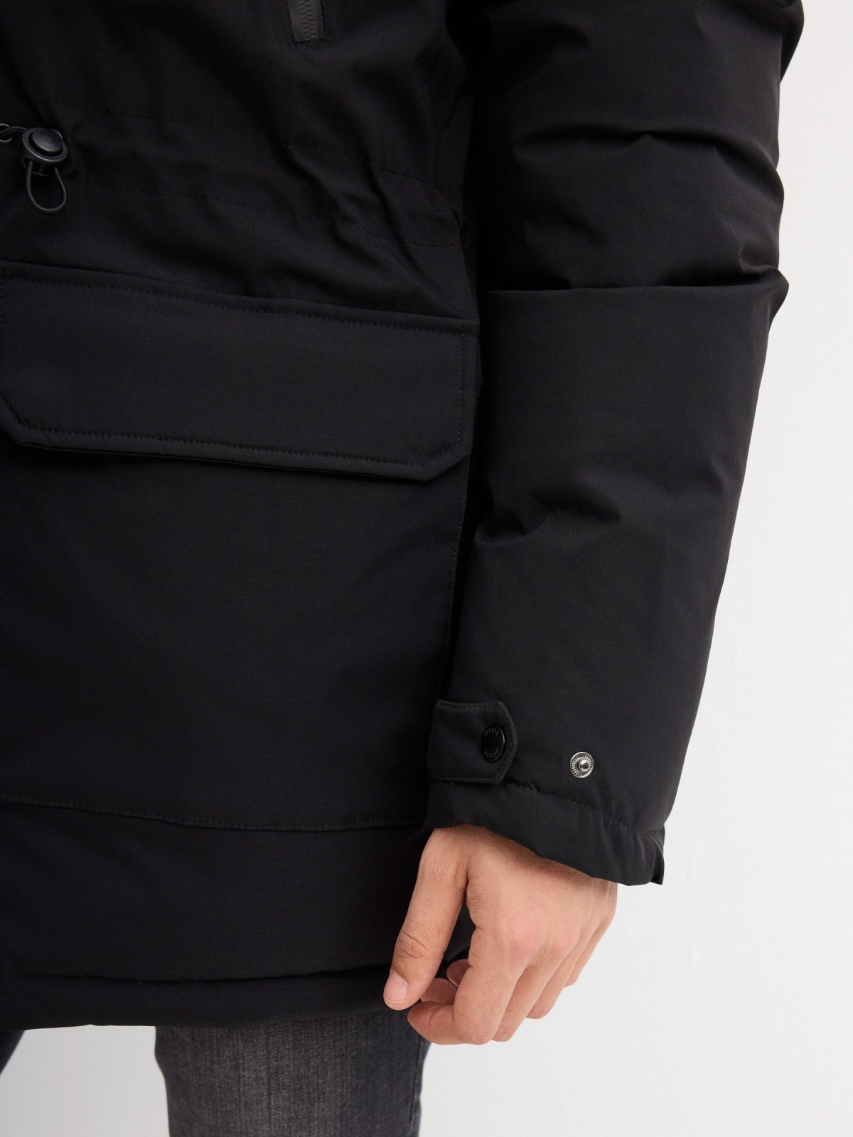 Hooded parka black detail view