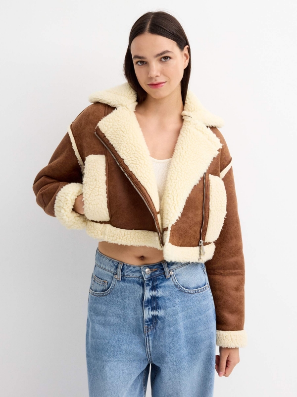 Aviator jacket sheep sheepskin brown middle front view