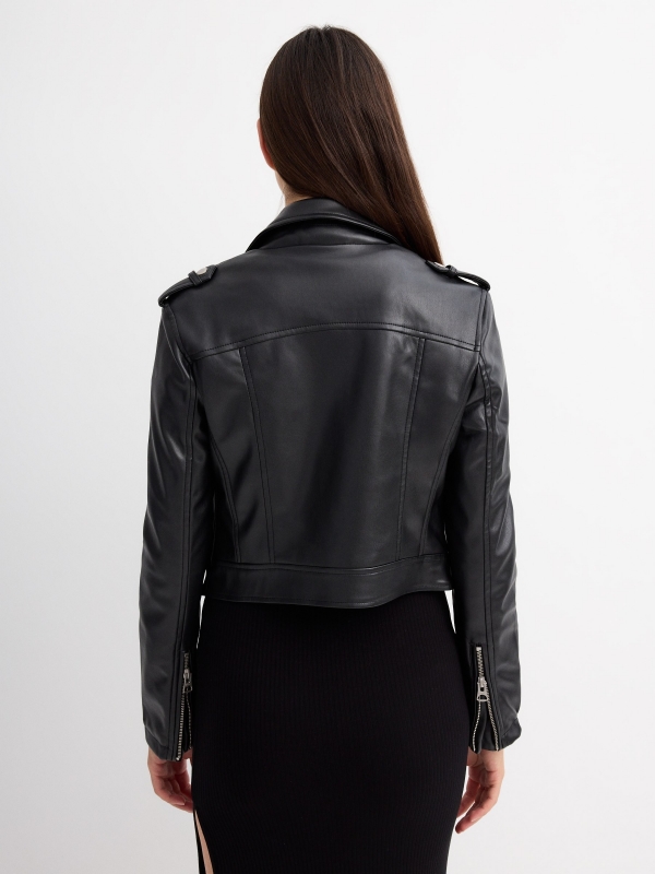 Biker jacket with lapel black middle back view