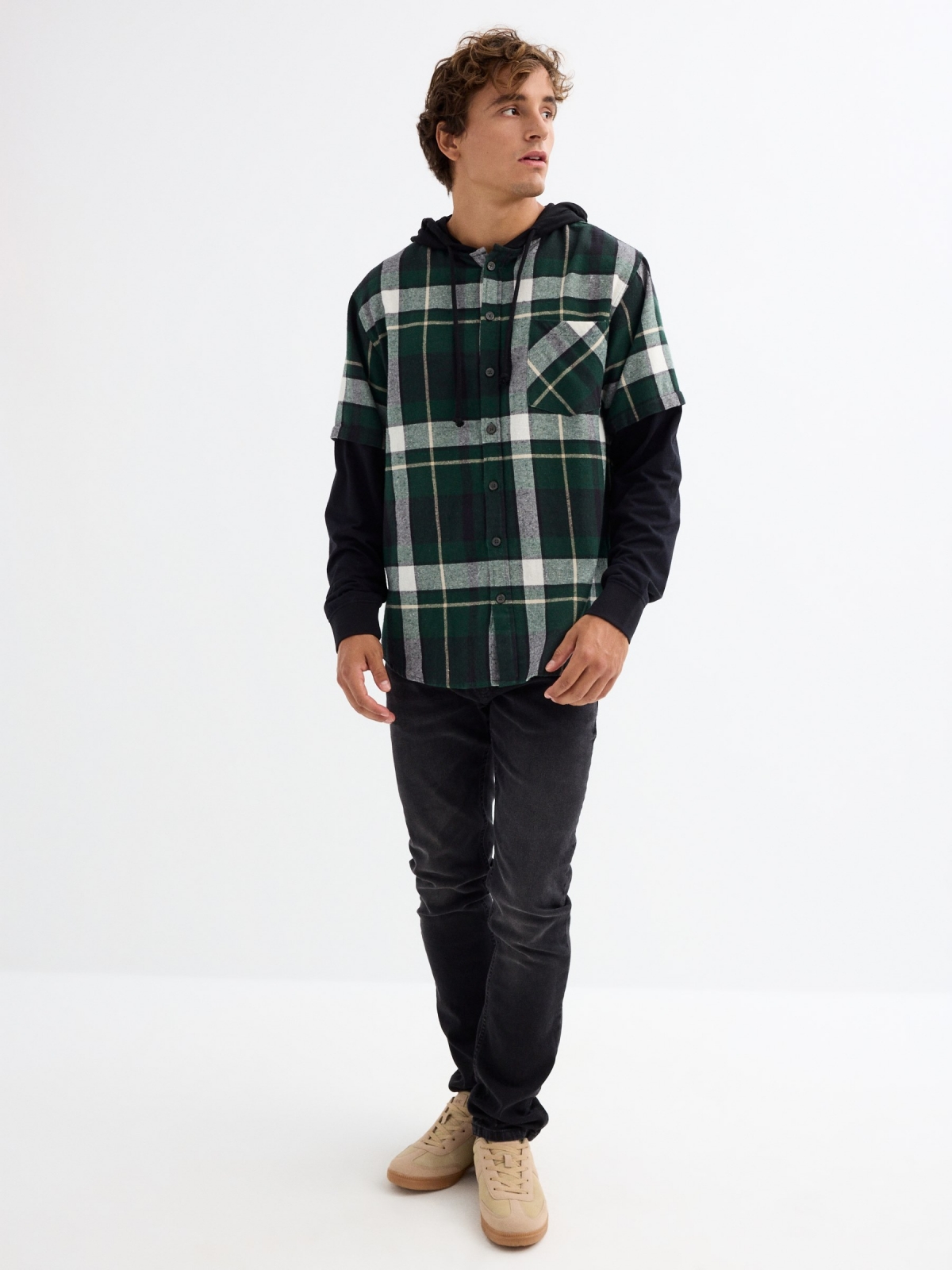 Combined checked shirt dark green general front view