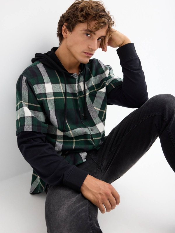  Combined checked shirt dark green