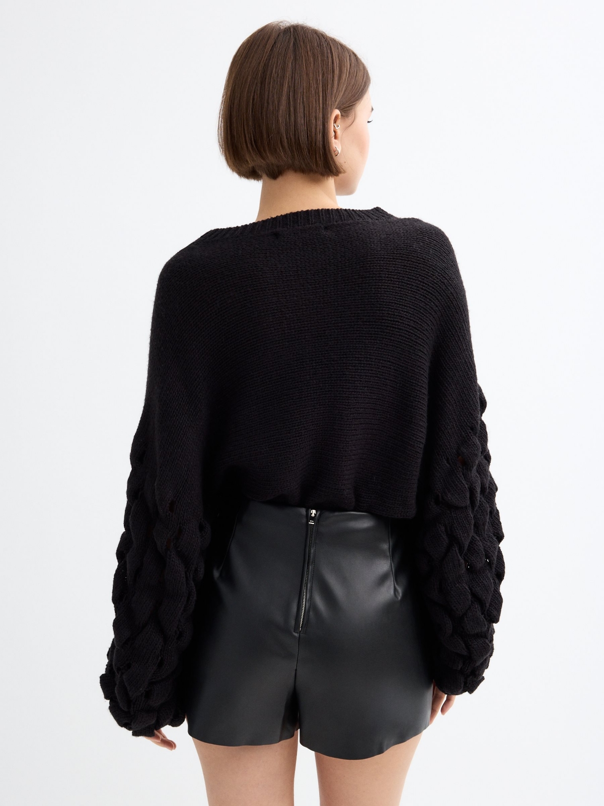 Crop sweater with puffed sleeves black middle back view