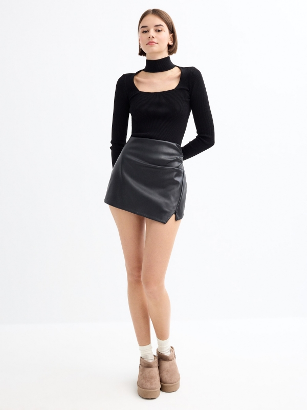 Skort leatherette with gathers black general front view