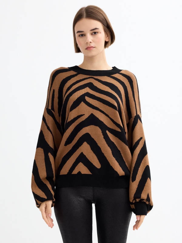 Animal print jacquard sweater brown middle front view