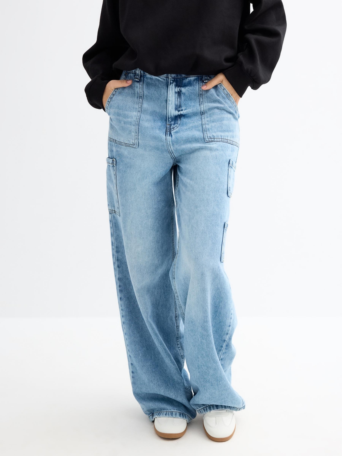 Wide leg carpenter blue jeans light blue middle front view