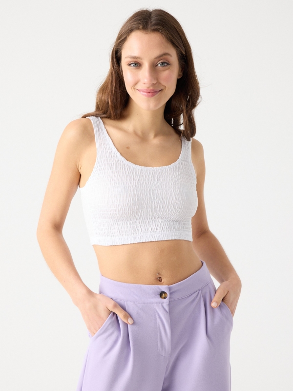 Crop top nido de abeja blanco vista media frontal