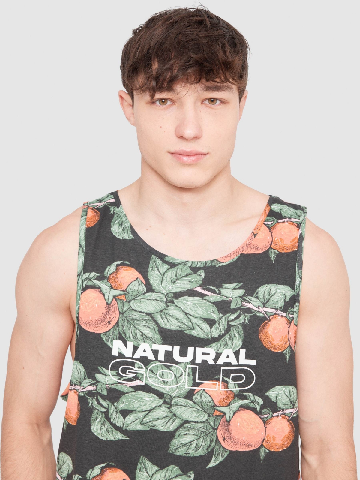 Fruit print tank top black detail view