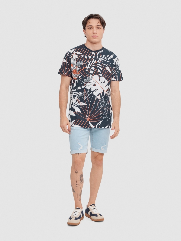 Tropical leaves t-shirt navy front view