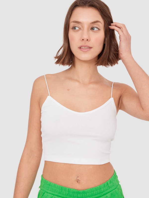 Ribbed strappy top white detail view