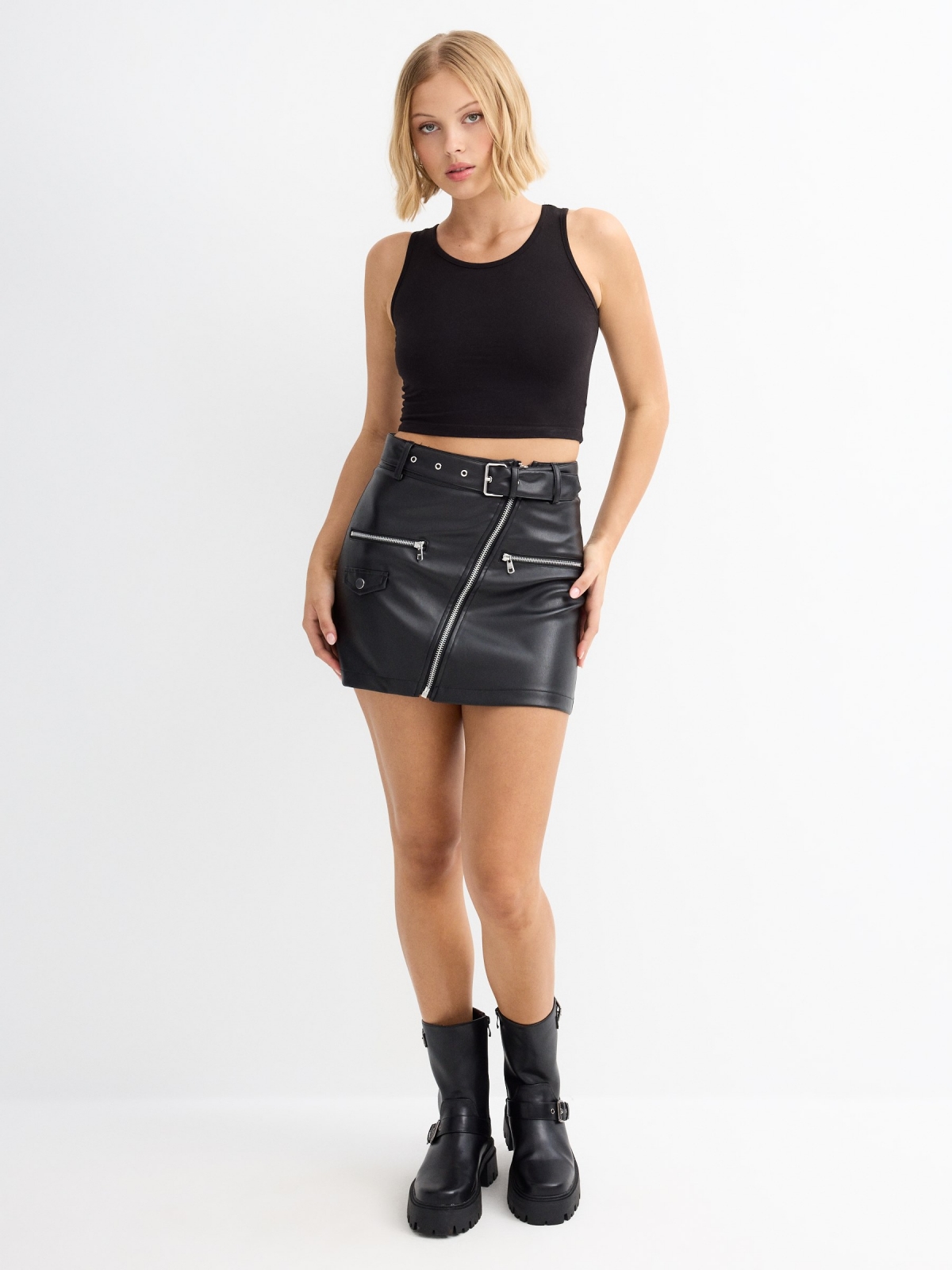 Faux leather skirt with buckle belt black general front view