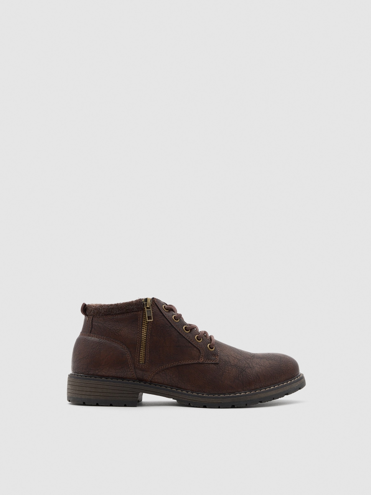 Low brown sheepskin effect ankle boots brown profile view