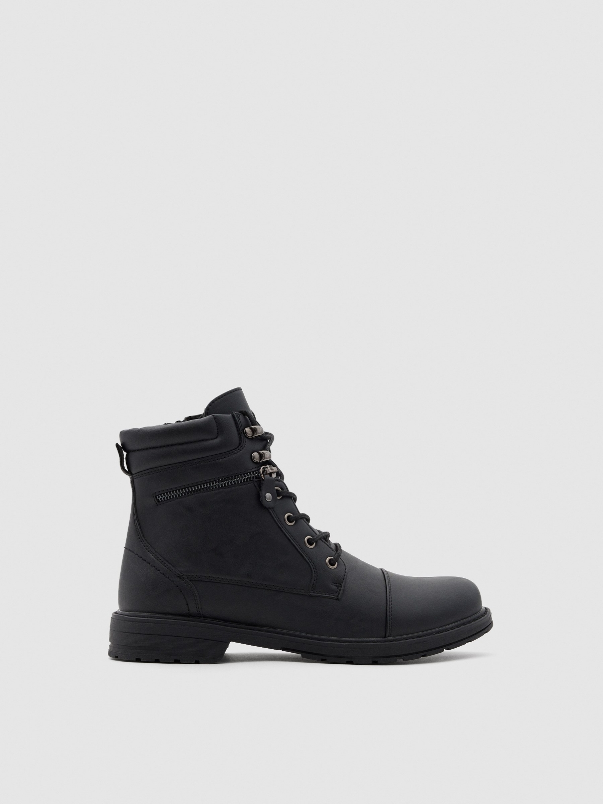 Black military boot with zip black profile view