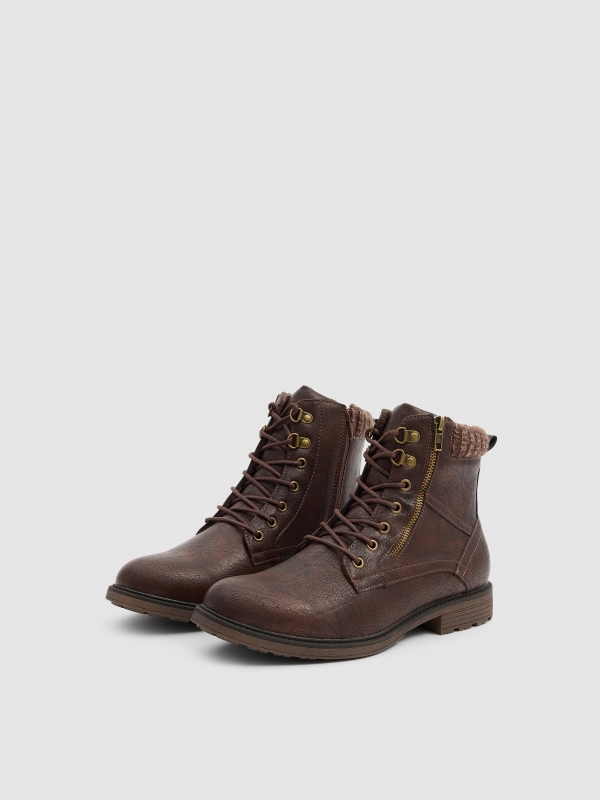 Brown military boot with zip brown 45º front view