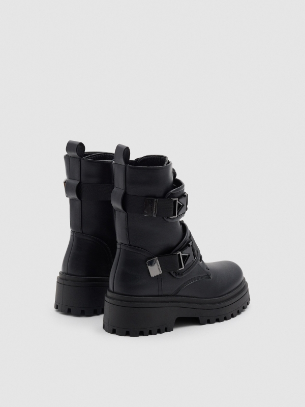 Black military boot with buckles black 45º back view