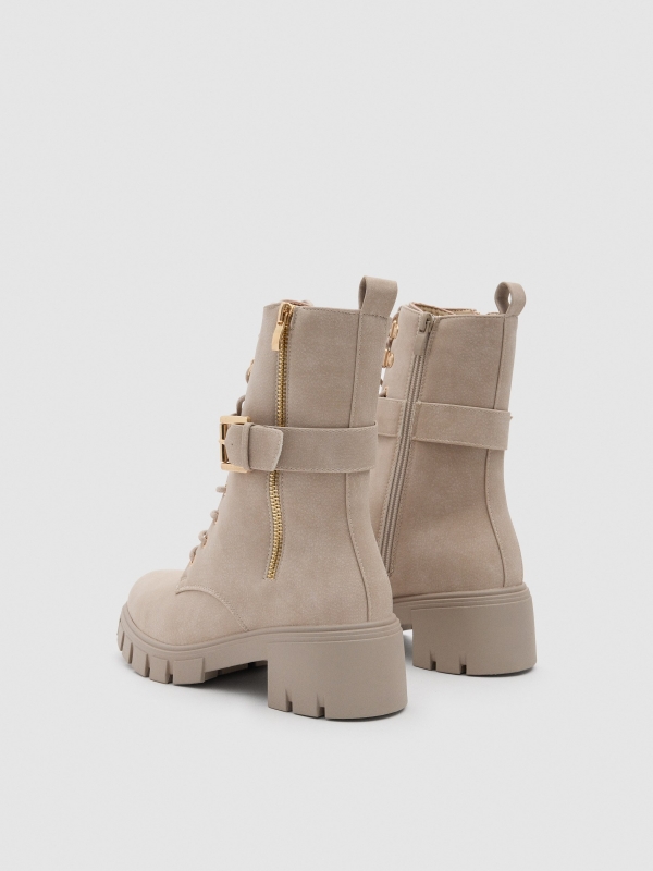 Beige lace-up ankle boot with buckle raw 45º back view