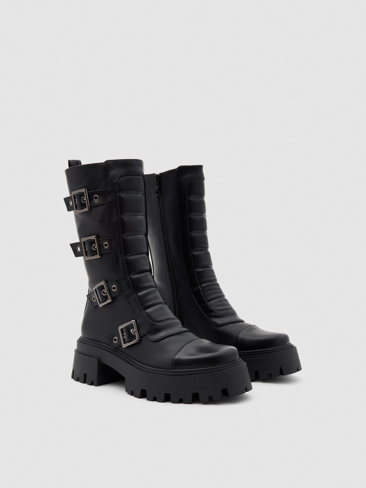 Mid-calf boot with buckles black 45º front view