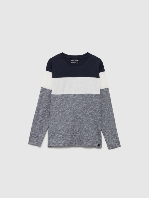  Long sleeve t-shirt in marbled block colour navy front view