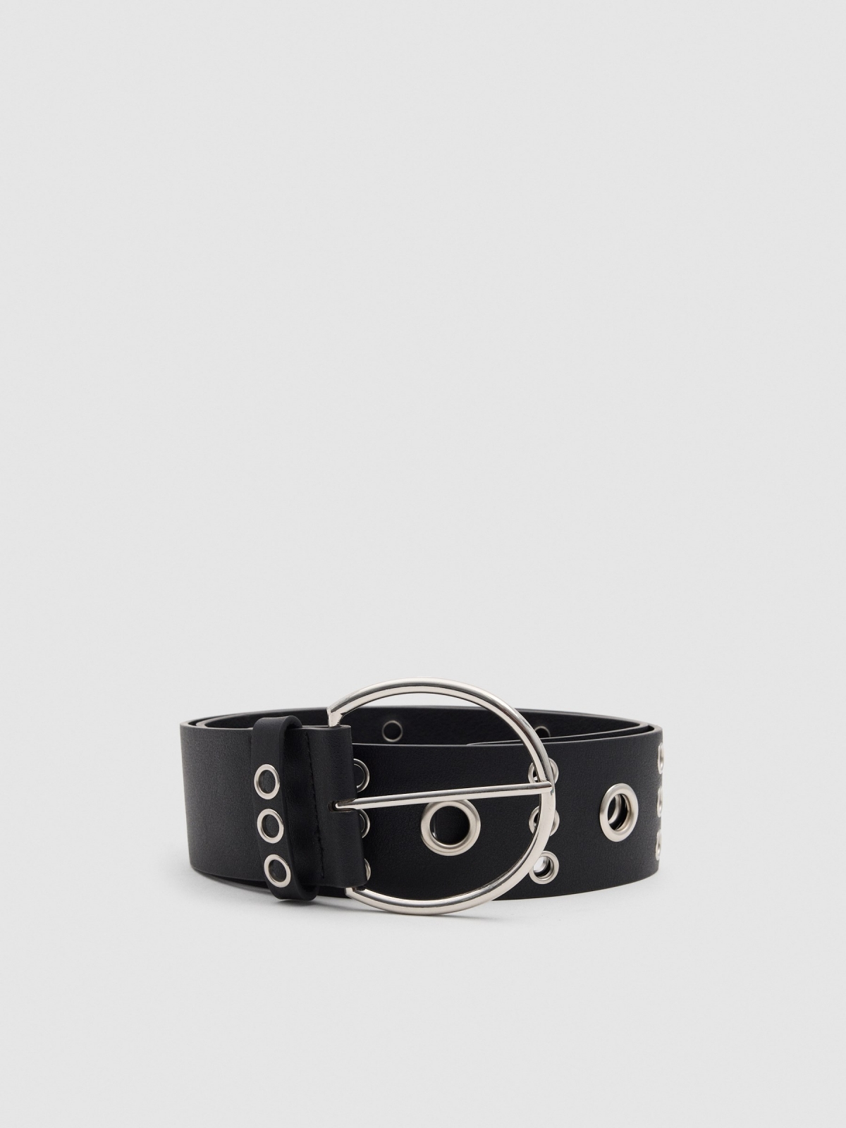 Black leatherette belt with round buckle eyelets. black rolled-up