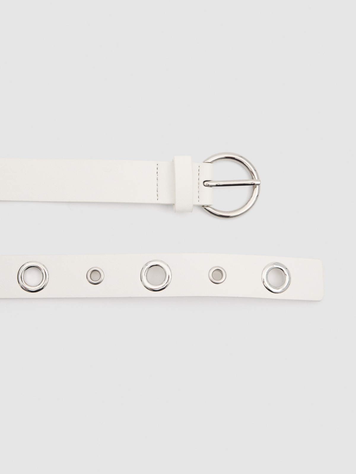 White leatherette belt with eyelets and round buckle beige detail view