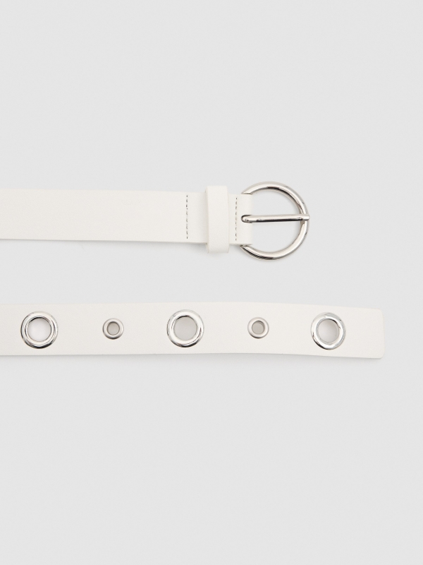 White leatherette belt with eyelets and round buckle beige detail view