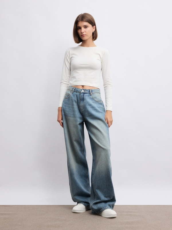 Blue washed wide leg high rise jeans blue front view