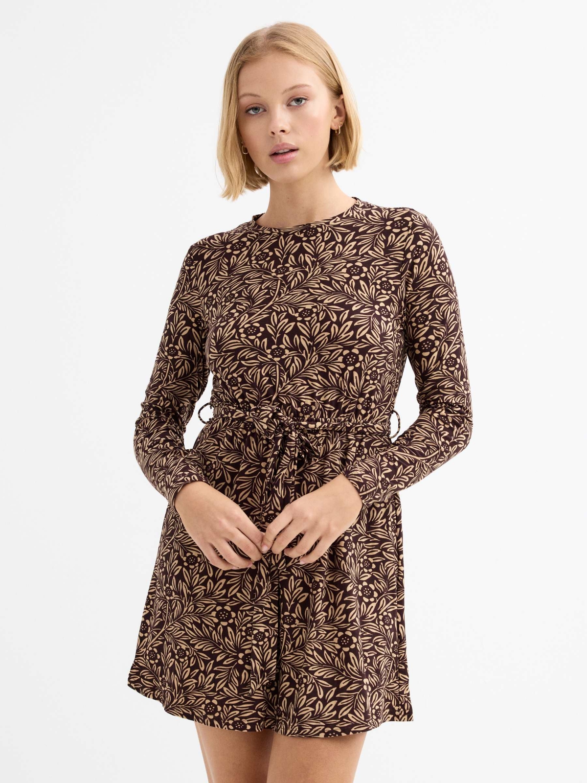 Floral print dress with bow earth brown three-quarter front view